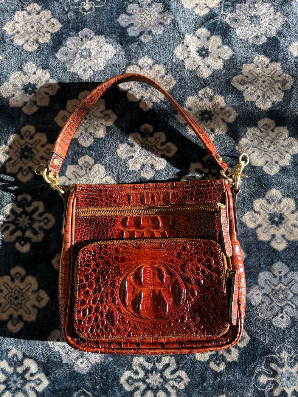 Brahmin Croc-Embossed Leather Shoulder Bag in Burnt Orange